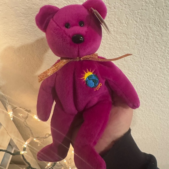 Plush Purple Teddy Bear with Gold Ribbon - Picture 4 of 4